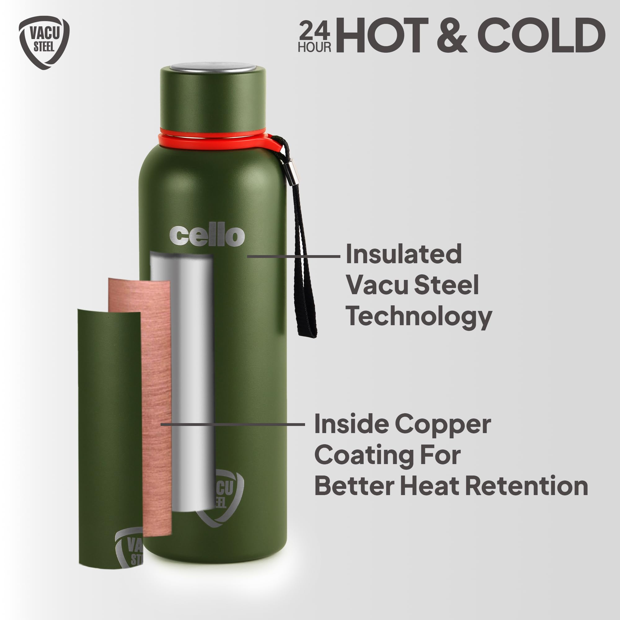 Cello Duro Kent Thermosteel Flask with DTP Coating, 900ml, Military Green | 24 Hours Hot and Cold Stainless Steel Bottle | Flask